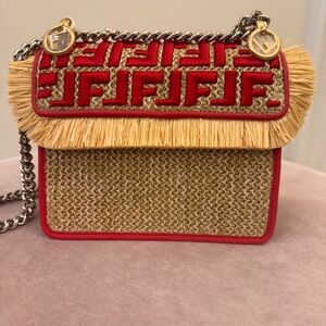 Fendi Red and Tan Mini Bag with Fringe Detail raffia